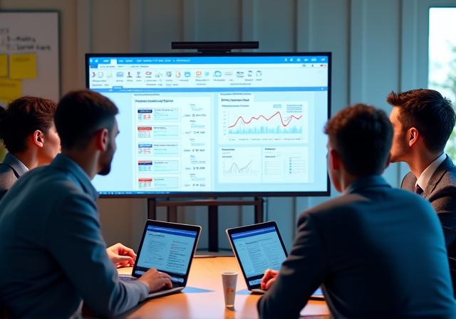A marketing team collaborating around a screen showing a company blog with traffic analytics.