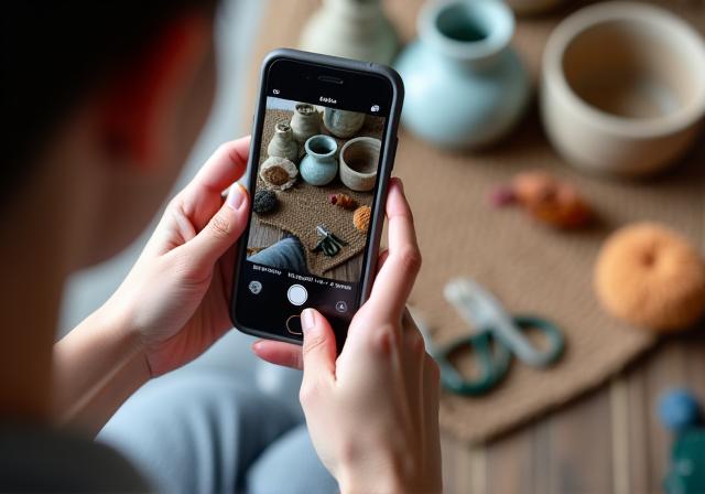 A person photographing a handcrafted item for their hobby blog.