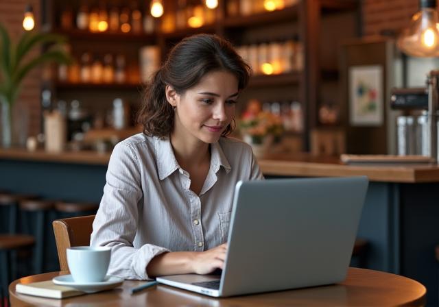 A writer thoughtfully composing a blog post on a laptop in a cozy cafe.